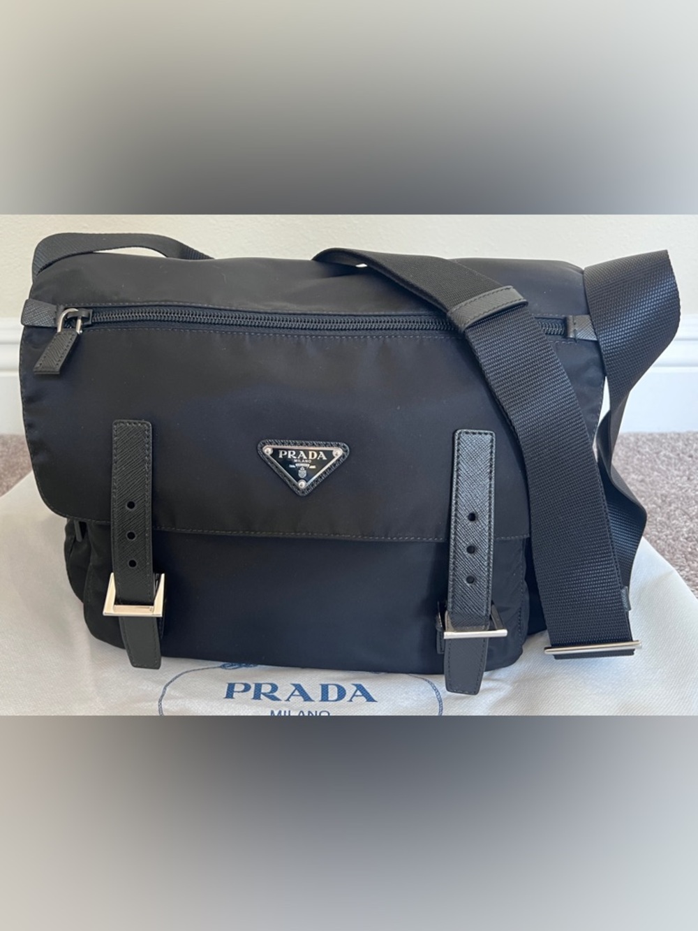 Prada Black Nylon Messenger with Leather Trim